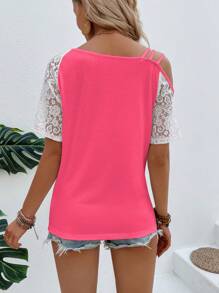 EMERY ROSE Vacation Casual Color-Block Lace Patchwork Asymmetric Neck T-Shirt