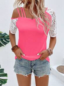 EMERY ROSE Vacation Casual Color-Block Lace Patchwork Asymmetric Neck T-Shirt