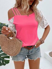 EMERY ROSE Vacation Casual Color-Block Lace Patchwork Asymmetric Neck T-Shirt