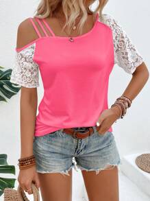 EMERY ROSE Vacation Casual Color-Block Lace Patchwork Asymmetric Neck T-Shirt