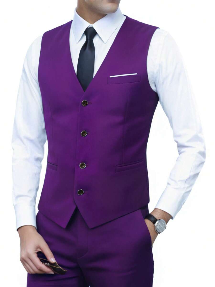 Muški set od 3 dela u jednoj boji, slim fit, rastegljiv, uključuje sako, prsluk i pantalone