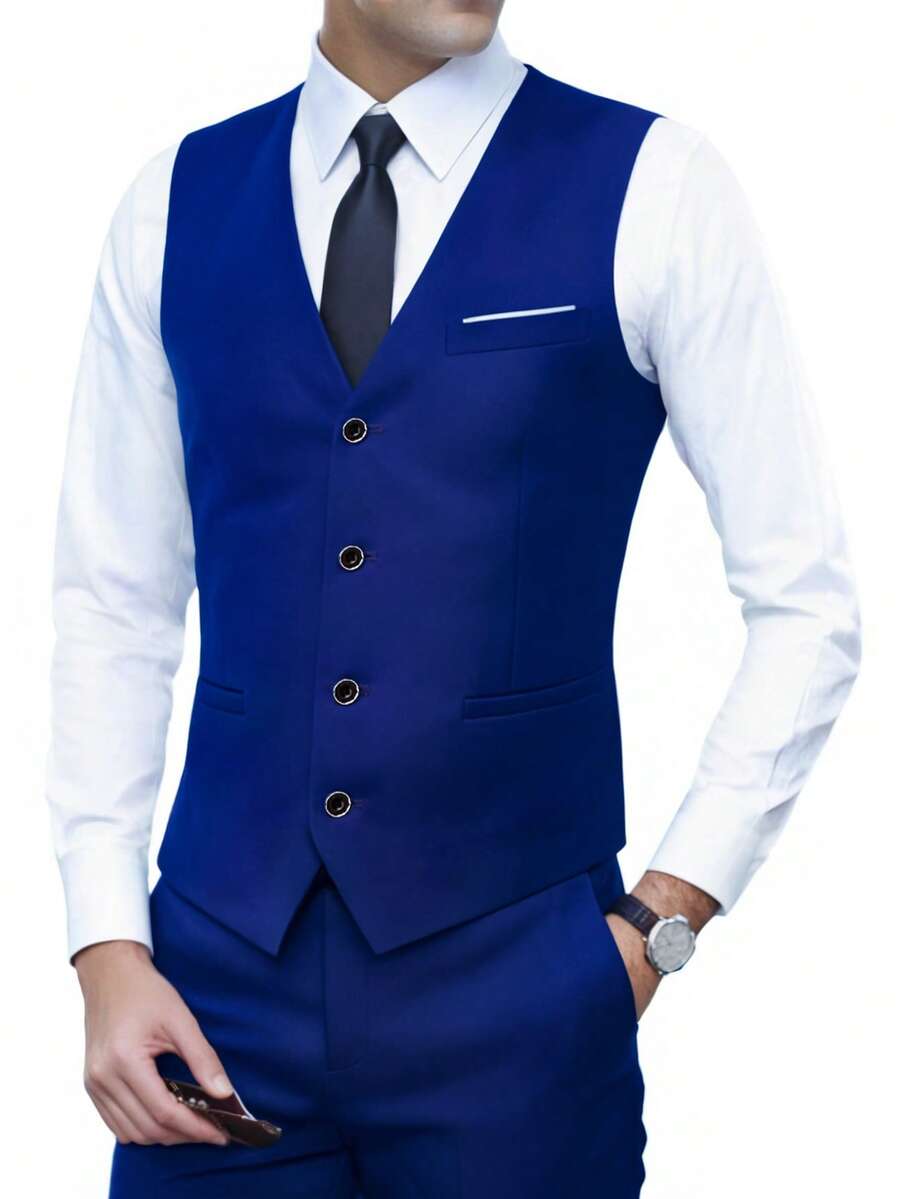 Muški set od 3 dela u jednoj boji, slim fit, rastegljiv, uključuje sako, prsluk i pantalone