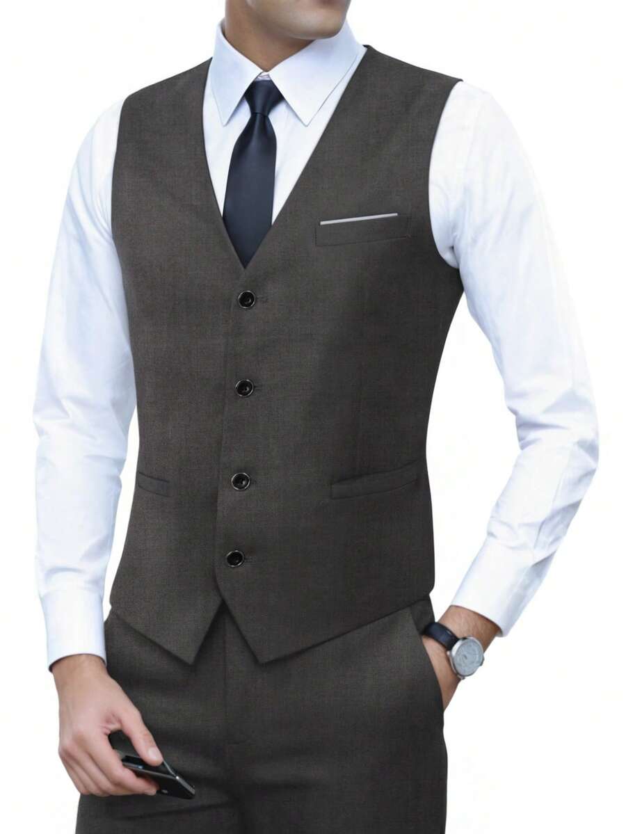 Muški set od 3 dela u jednoj boji, slim fit, rastegljiv, uključuje sako, prsluk i pantalone