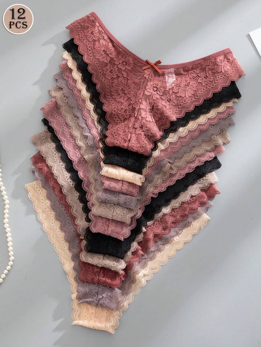 12 kom/pakovanje ženske elegantne i udobne bikini gaćice sa čipkastom ivicom