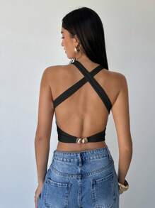 Aloruh Women's Backless Cross Straps Slim-Fit Cropped Sexy Camisole Top