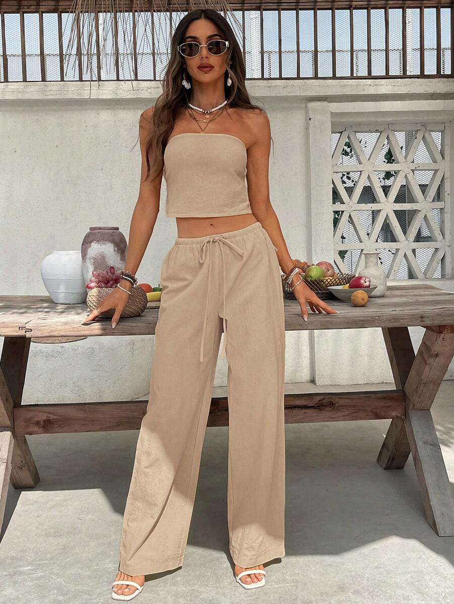 2kom/Set  Tube Top Bez Leđa & Visoki Struk Široke Pantalone