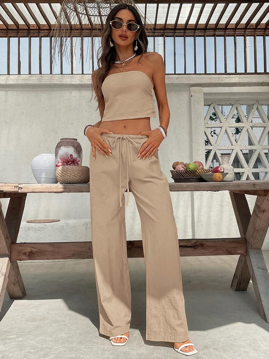 2kom/Set  Tube Top Bez Leđa & Visoki Struk Široke Pantalone
