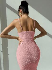 Firerie Elegant Soft Pink Summer Seductive Party Dress,Women's Spaghetti Strap Ruffle Neck Fitted Ribbed Slit Maxi Dress For Wedding Event & Valentine's Day