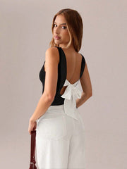 SHEIN SXY Women's Fashionable Backless Bowknot Black & White Bodycon Tank Top