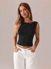 SHEIN SXY Women's Fashionable Backless Bowknot Black & White Bodycon Tank Top