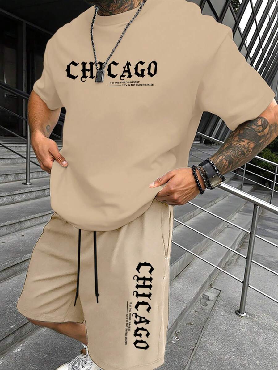 Muški streetwear komplet sa kratkim rukavima i šorts sa printom slova Chicago