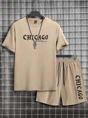 Muški streetwear komplet sa kratkim rukavima i šorts sa printom slova Chicago
