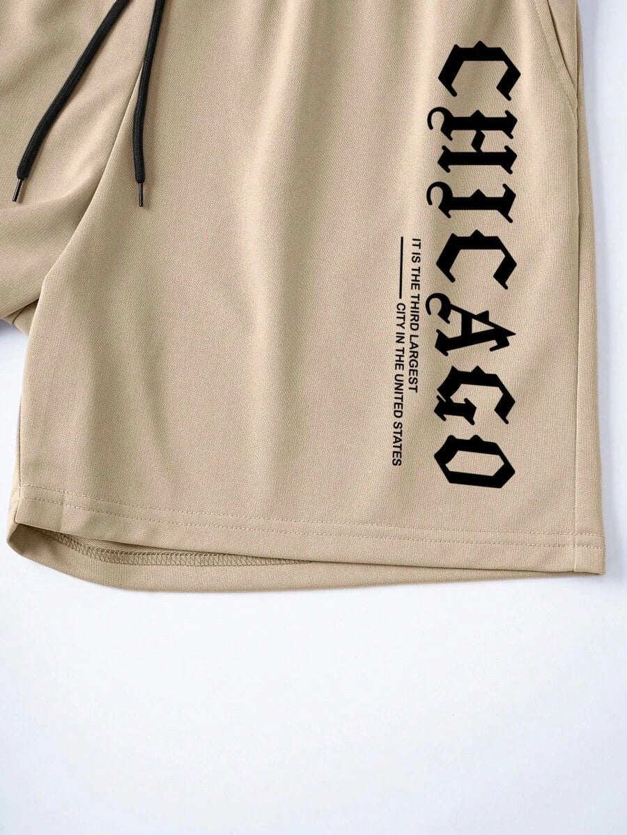 Muški streetwear komplet sa kratkim rukavima i šorts sa printom slova Chicago