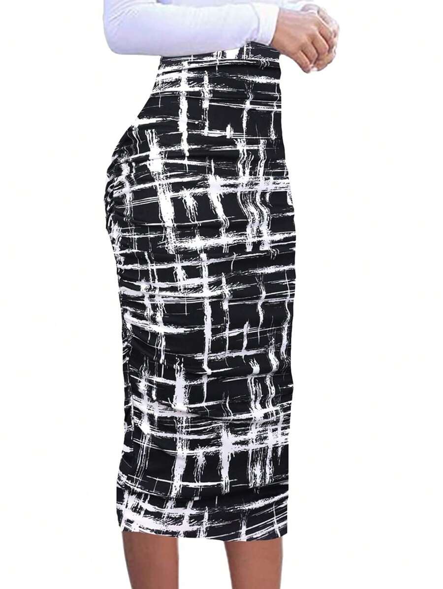 Ženska uska suknja sa nabranim visokim strukom i printom na tufne