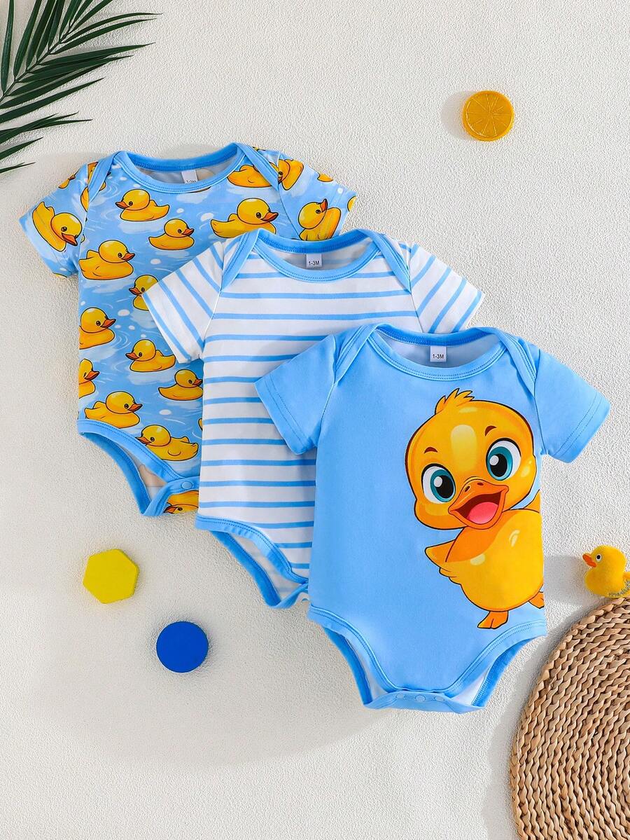 3 kom/set bebi body majice sa slatkim printom patke, udobne i lake za oblačenje, kratkih rukava