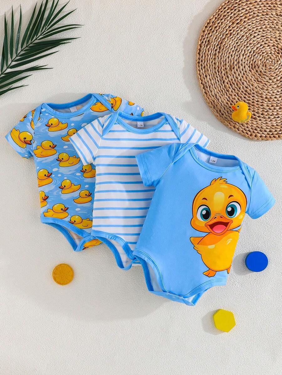 3 kom/set bebi body majice sa slatkim printom patke, udobne i lake za oblačenje, kratkih rukava