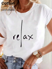 Women's Casual Solid Color T-Shirt With Simple English Graphic Print, Round Neck, Short Sleeve White Summer