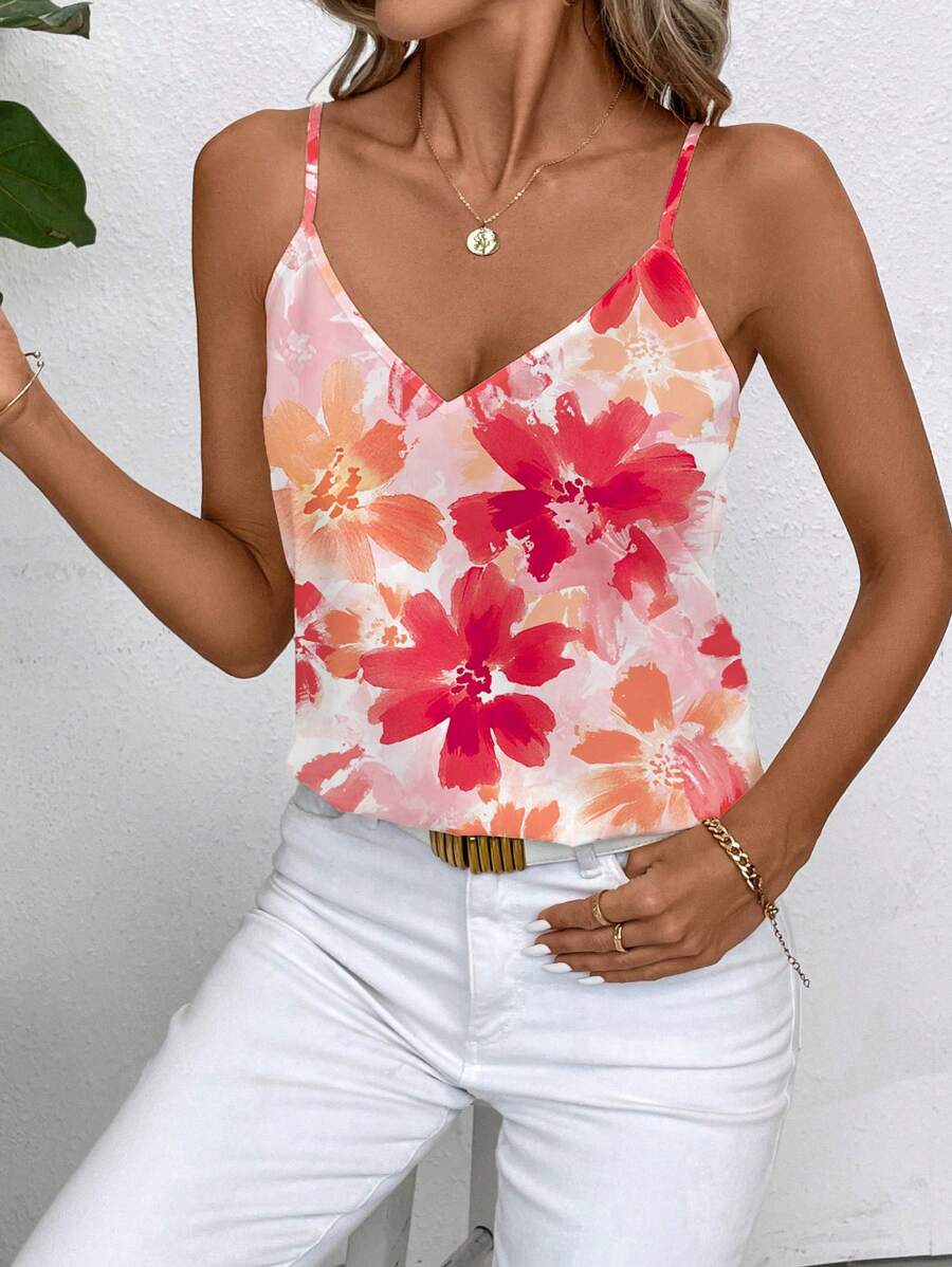 SHEIN Clasi Orange Floral Women's Minimalist Cami Top Suitable For Summer