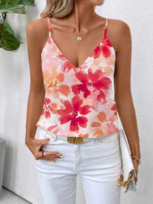 SHEIN Clasi Orange Floral Women's Minimalist Cami Top Suitable For Summer