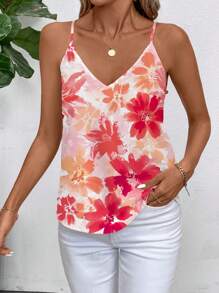 SHEIN Clasi Orange Floral Women's Minimalist Cami Top Suitable For Summer