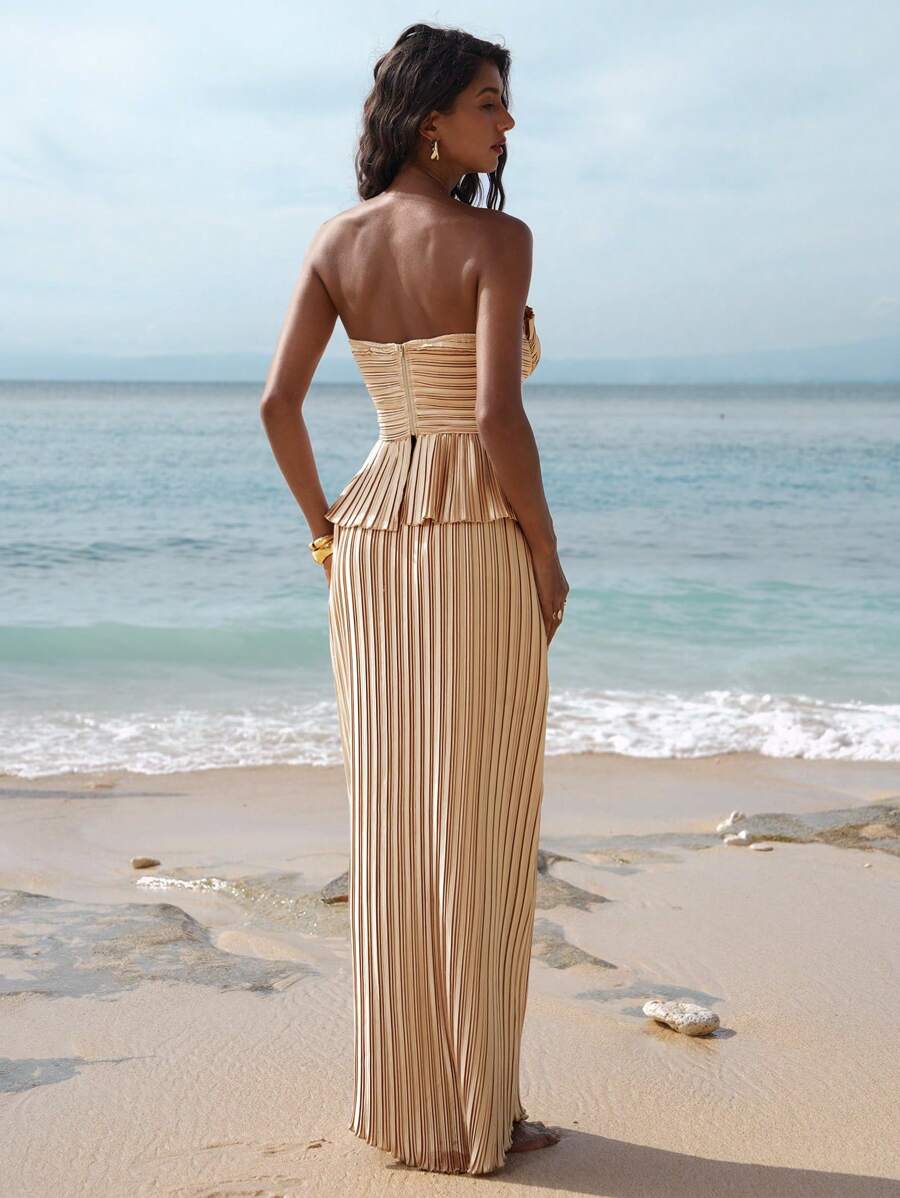 Ženski  Claret Bandeau Top & Suknja sa Visokim Strukom i Sirena Porubom