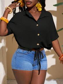 Slaydiva New Textured Orange Short Sleeve Casual Vacation Shirt - B Black