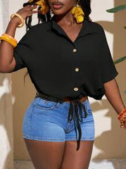 Slaydiva New Textured Orange Short Sleeve Casual Vacation Shirt - B Black