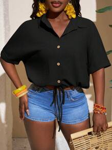 Slaydiva New Textured Orange Short Sleeve Casual Vacation Shirt - B Black