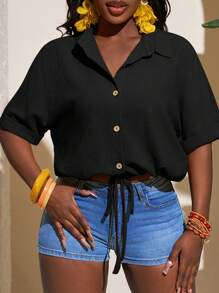 Slaydiva New Textured Orange Short Sleeve Casual Vacation Shirt - B Black
