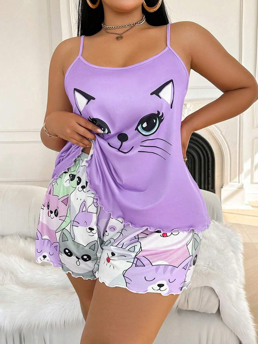 Set za spavanje sa topom na bretele i šorts sa crtanim printom mačke, plus size