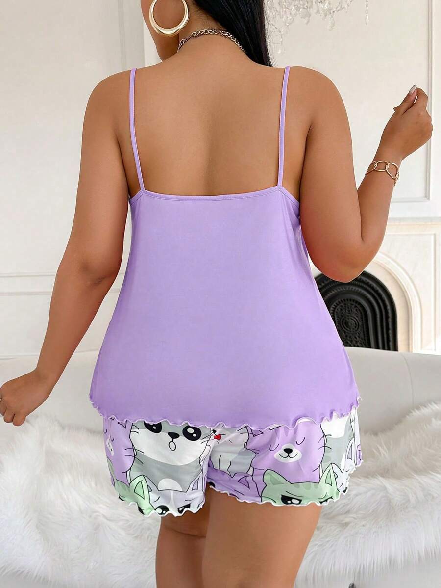 Set za spavanje sa topom na bretele i šorts sa crtanim printom mačke, plus size