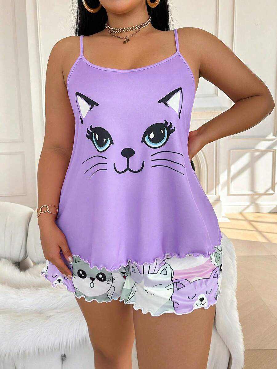 Set za spavanje sa topom na bretele i šorts sa crtanim printom mačke, plus size
