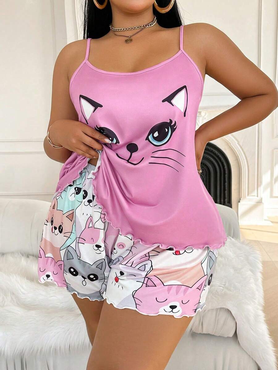Set za spavanje sa topom na bretele i šorts sa crtanim printom mačke, plus size