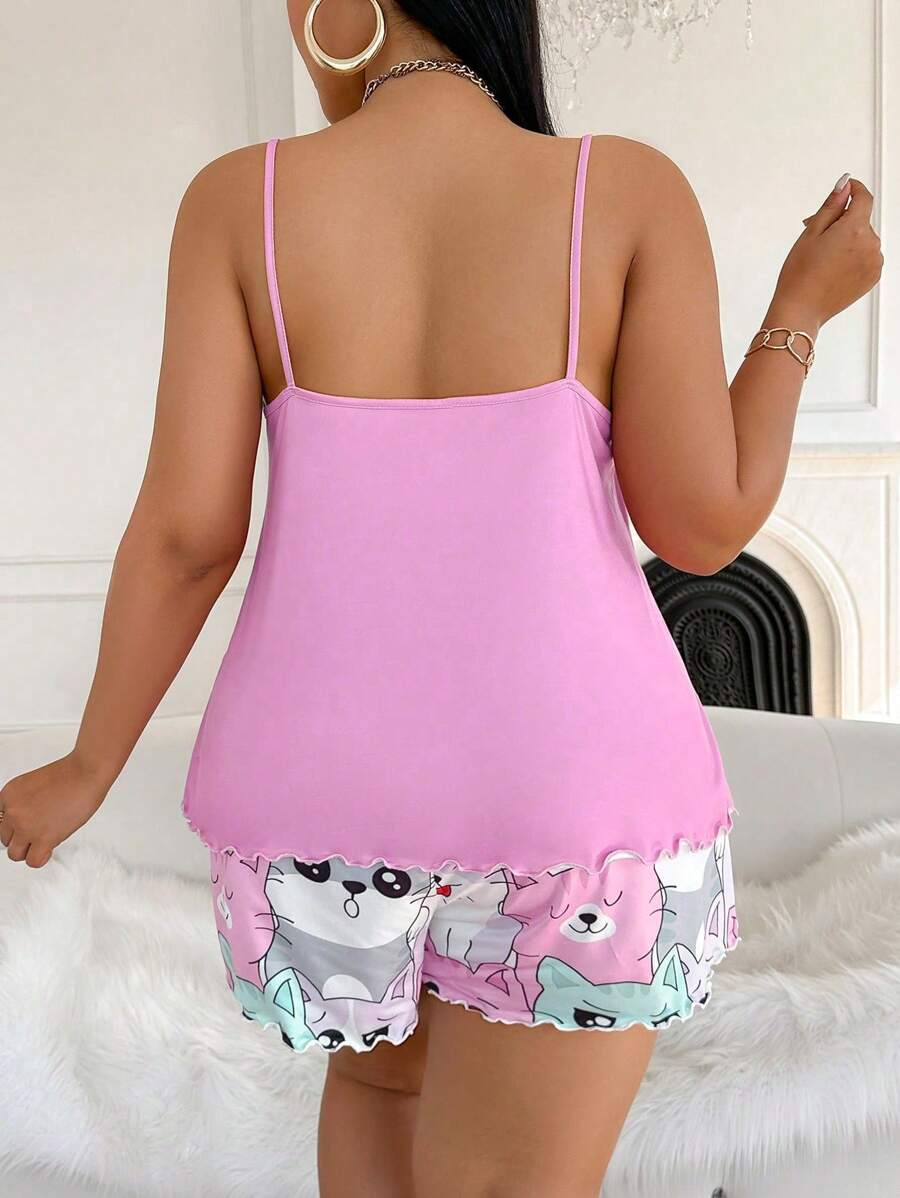 Set za spavanje sa topom na bretele i šorts sa crtanim printom mačke, plus size
