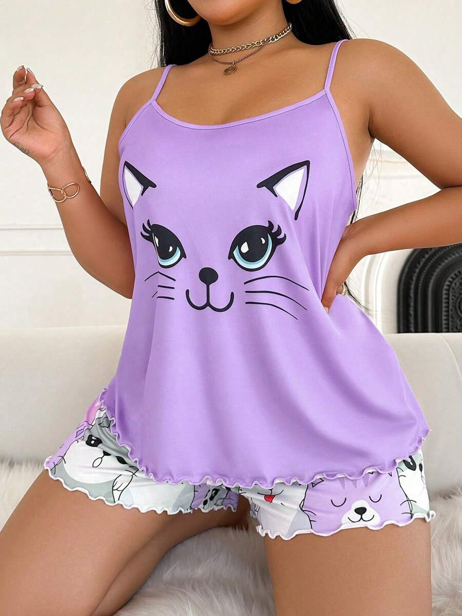 Set za spavanje sa topom na bretele i šorts sa crtanim printom mačke, plus size