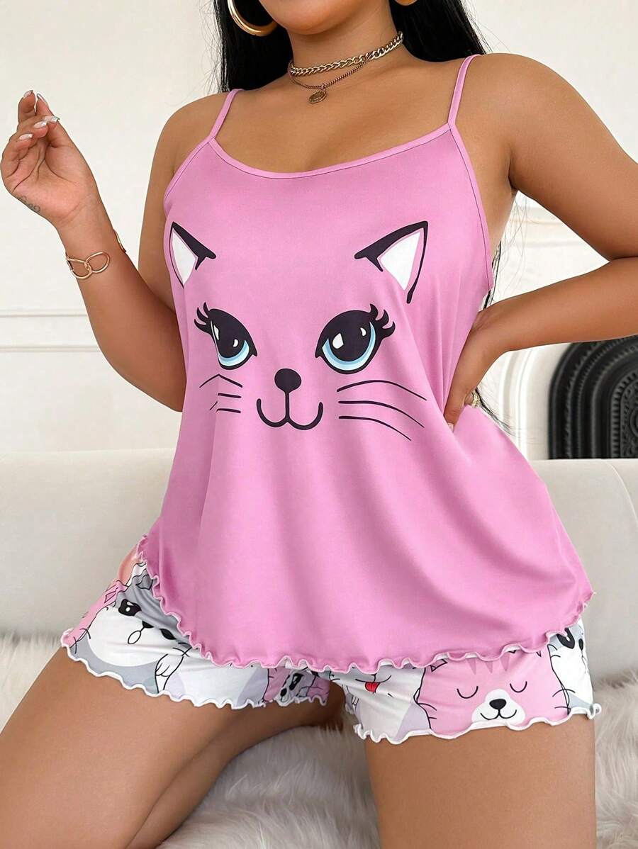 Set za spavanje sa topom na bretele i šorts sa crtanim printom mačke, plus size