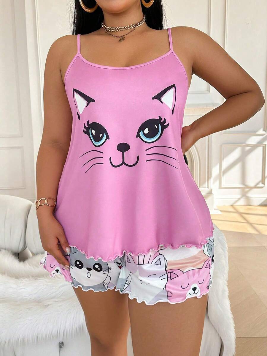 Set za spavanje sa topom na bretele i šorts sa crtanim printom mačke, plus size