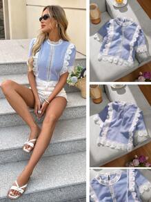 SHEIN LUNE Lace Panel French Romantic Women's Short Sleeve Blouse, Blue & White Striped, Suitable For Spring/Summer Vacation, Dates, Commuting