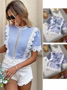 SHEIN LUNE Lace Panel French Romantic Women's Short Sleeve Blouse, Blue & White Striped, Suitable For Spring/Summer Vacation, Dates, Commuting
