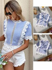 SHEIN LUNE Lace Panel French Romantic Women's Short Sleeve Blouse, Blue & White Striped, Suitable For Spring/Summer Vacation, Dates, Commuting