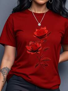 INAWLY Women's Floral Print Casual Round Neck Short Sleeve T-Shirt