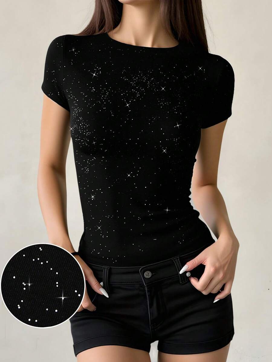 Women's Glitter Fitted Crew Neck T-Shirt