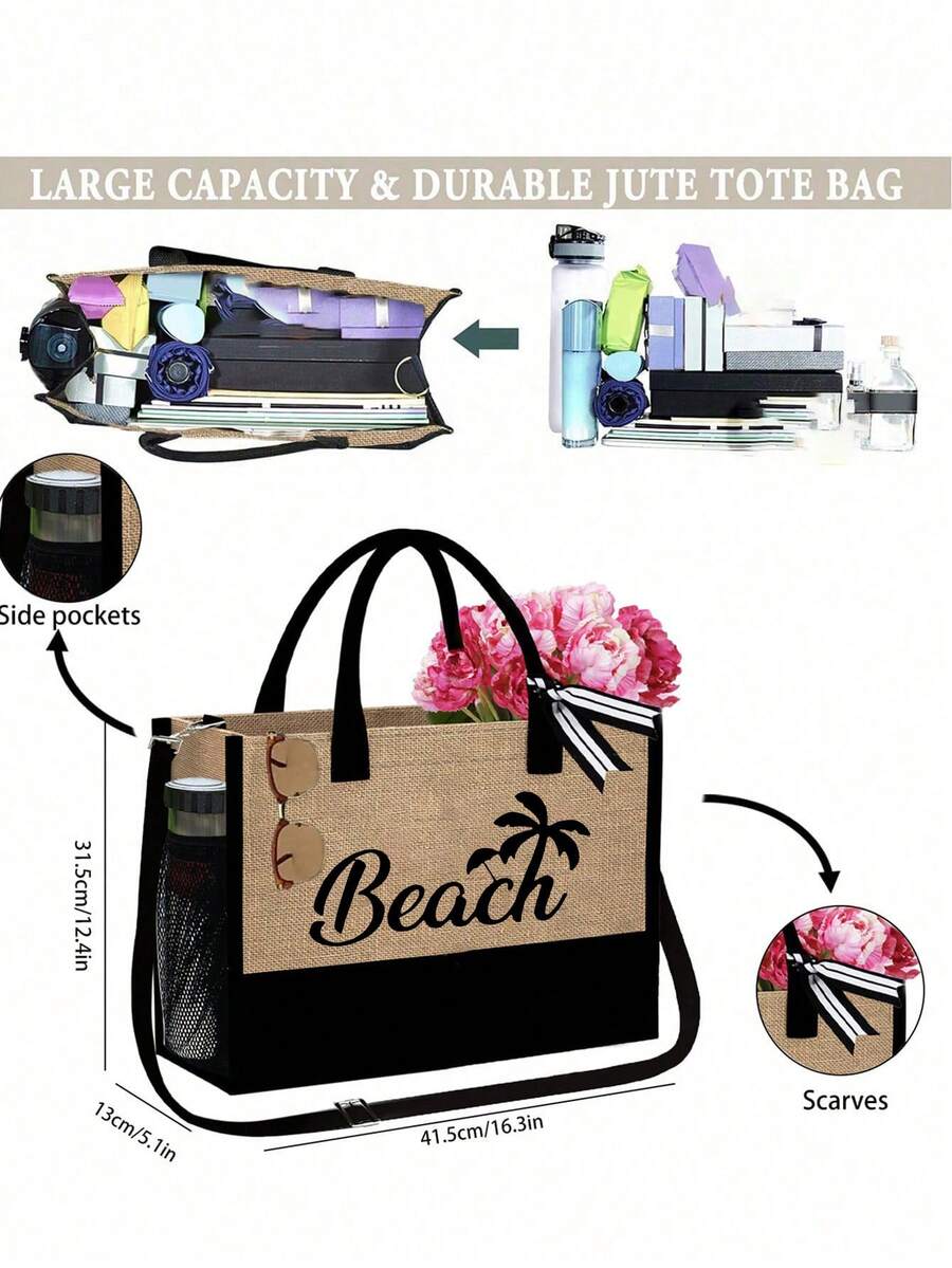 Crno-bež "Beach Please" set od 4 komada sa plažnom torbom