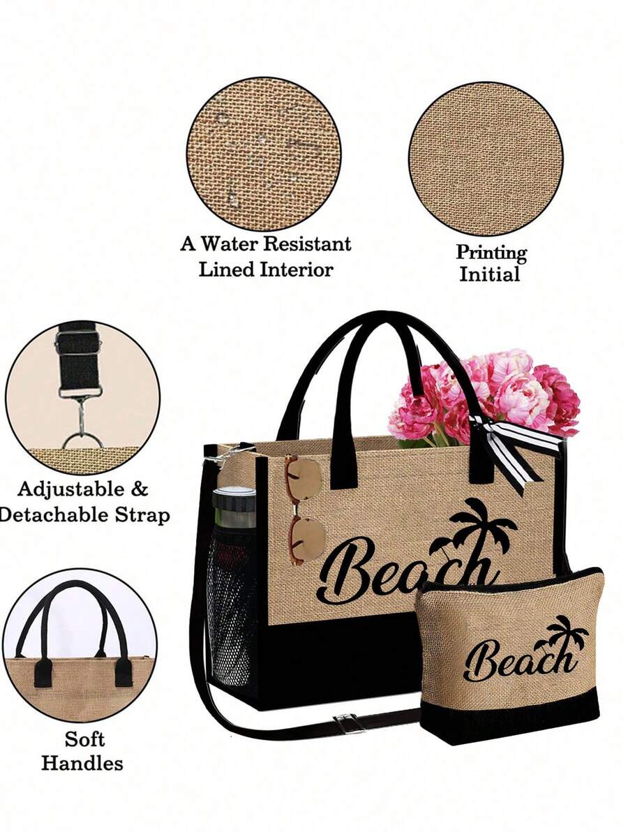 Crno-bež "Beach Please" set od 4 komada sa plažnom torbom