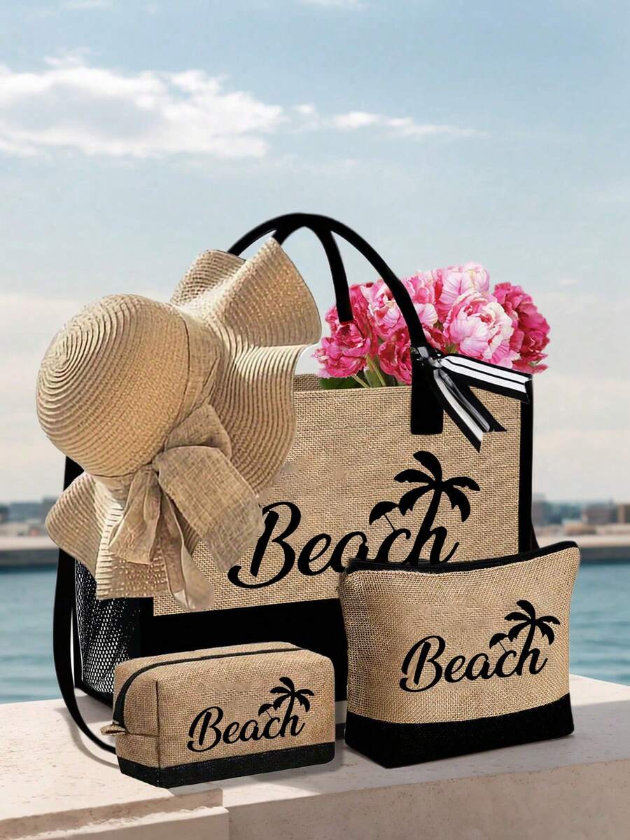 Crno-bež "Beach Please" set od 4 komada sa plažnom torbom