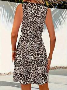 Solstice Apparel Classic Leopard Print Twist Front V-Neck Sleeveless Cinched Waist A-Line Dress