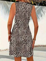 Solstice Apparel Classic Leopard Print Twist Front V-Neck Sleeveless Cinched Waist A-Line Dress
