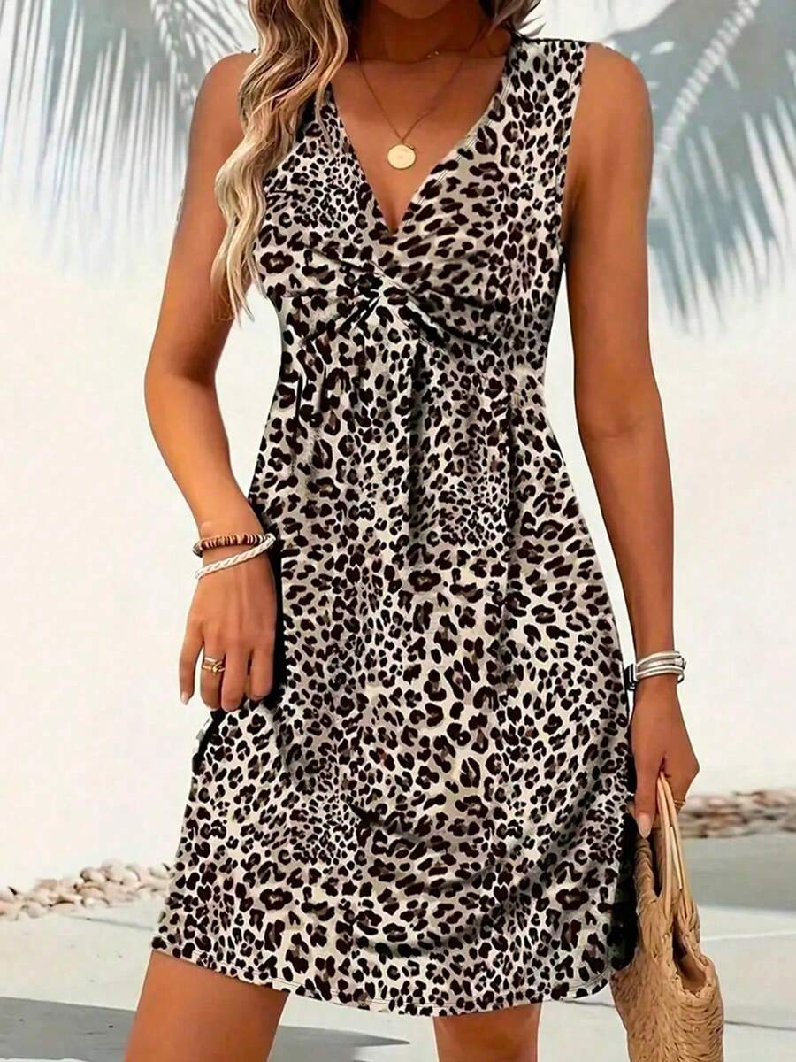 Solstice Apparel Classic Leopard Print Twist Front V-Neck Sleeveless Cinched Waist A-Line Dress