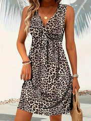 Solstice Apparel Classic Leopard Print Twist Front V-Neck Sleeveless Cinched Waist A-Line Dress