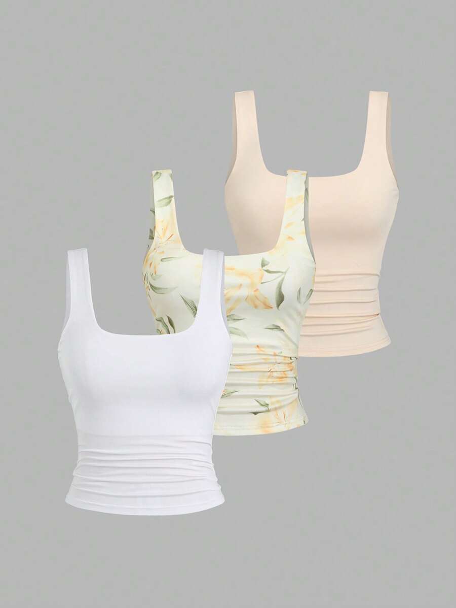 Sweetra Ženska Letnja Majica – Kvadratni Izrez, Nabran Slim Fit Casual Top
